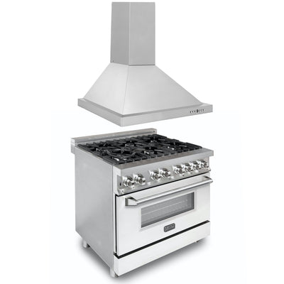 ZLINE 36" Kitchen Package with Stainless Steel Dual Fuel Range with White Matte Door and Convertible Vent Range Hood (2KP-RAWMRH36)