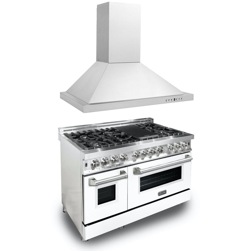 ZLINE 48" Kitchen Package with Stainless Steel Dual Fuel Range with White Matte Door and Convertible Vent Range Hood (2KP-RAWMRH48)