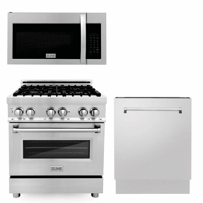 ZLINE 30" Kitchen Package with Stainless Steel Dual Fuel Range, Modern Over The Range Microwave and Tall Tub Dishwasher (3KP-RAOTR30-DWV)