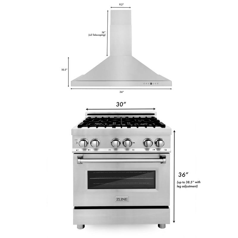 ZLINE 30" Kitchen Package with Stainless Steel Dual Fuel Range and Convertible Vent Range Hood (2KP-RARH30)