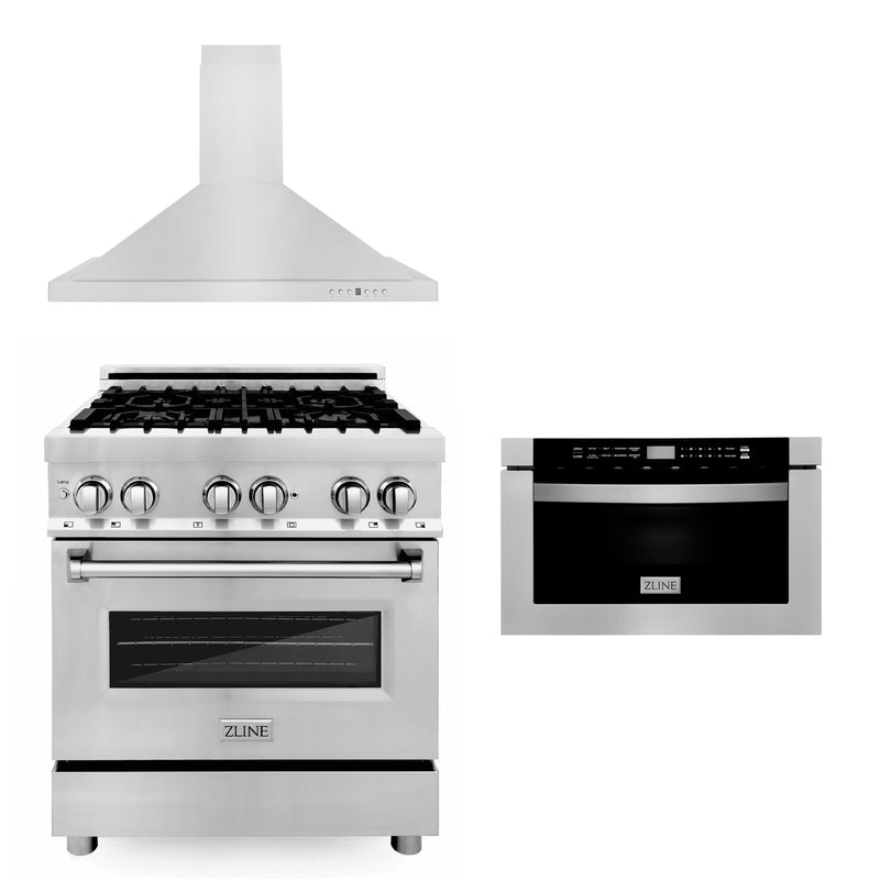 ZLINE 30" Kitchen Package with Stainless Steel Dual Fuel Range, Convertible Vent Range Hood and Microwave Drawer (3KP-RARH30-MW)
