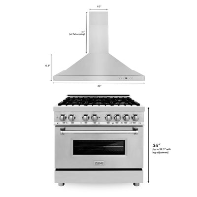 ZLINE 36" Kitchen Package with Stainless Steel Dual Fuel Range and Convertible Vent Range Hood (2KP-RARH36)