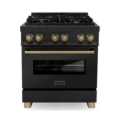 ZLINE Autograph Edition 24", 30", 36", 48", 60" Dual Fuel Range with Gas Stove and Electric Oven in Black Stainless Steel with Accents (RABZ)
