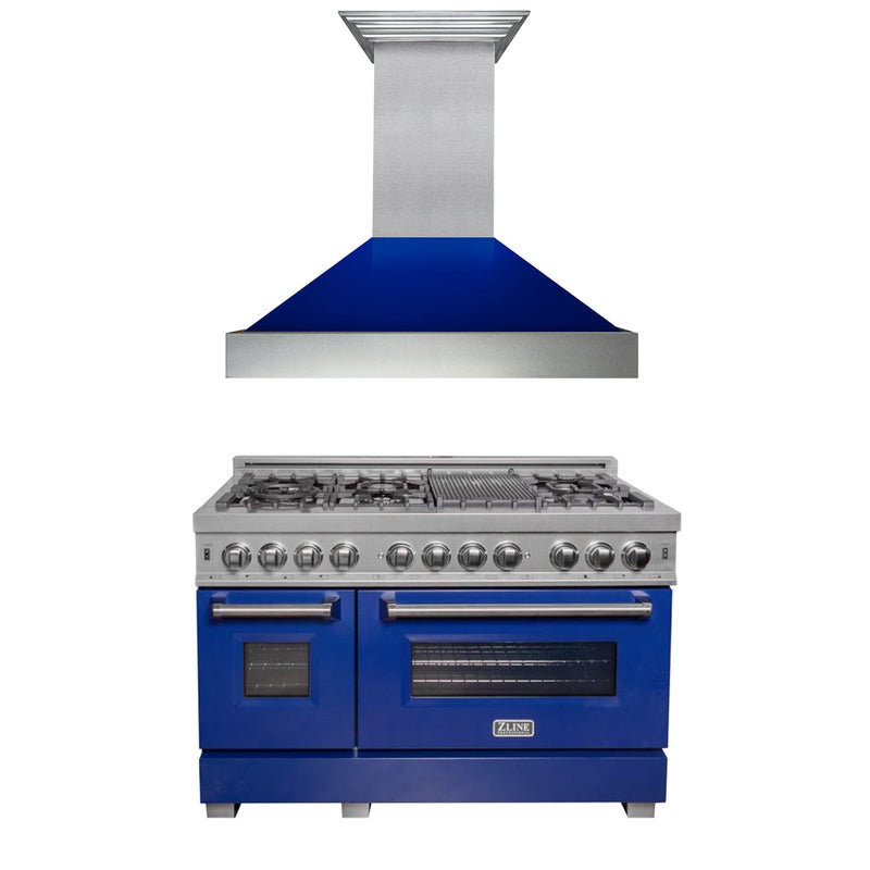 ZLINE 48" Kitchen Package with ZLINE DuraSnow Stainless Steel¨ Dual Fuel Range with Blue Gloss Door and Convertible Vent Range Hood (2KP-RASBGRH48)