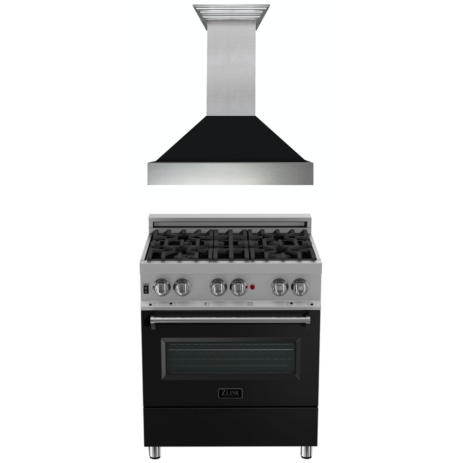 ZLINE 30" Kitchen Package with DuraSnow® Stainless Steel Dual Fuel Range with Black Matte Door and Convertible Vent Range Hood (2KP-RASBLMRH30)