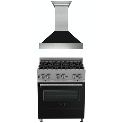 ZLINE 30" Kitchen Package with DuraSnow® Stainless Steel Dual Fuel Range with Black Matte Door and Convertible Vent Range Hood (2KP-RASBLMRH30)