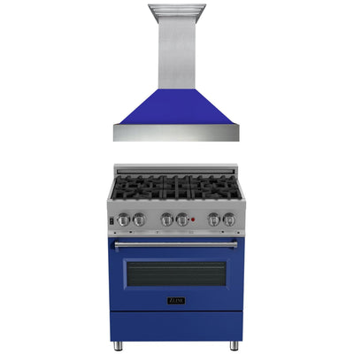 ZLINE 30" Kitchen Package with ZLINE DuraSnow Stainless Steel¨ Dual Fuel Range with Blue Matte Door and Convertible Vent Range Hood (2KP-RASBMRH30)