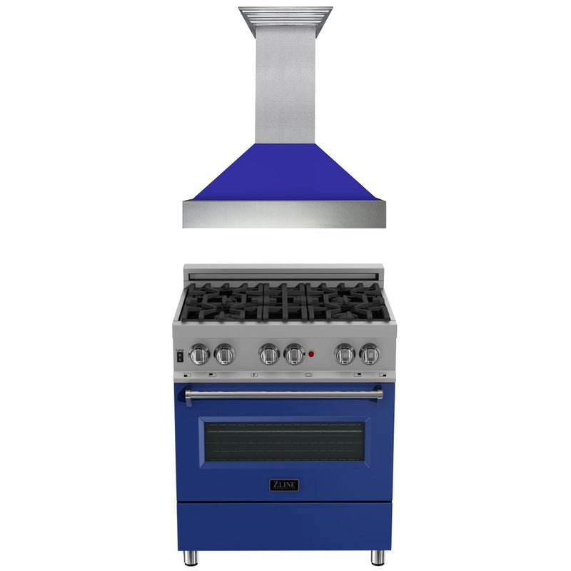 ZLINE 30" Kitchen Package with DuraSnow® Stainless Steel Dual Fuel Range with Blue Matte Door and Convertible Vent Range Hood (2KP-RASBMRH30)