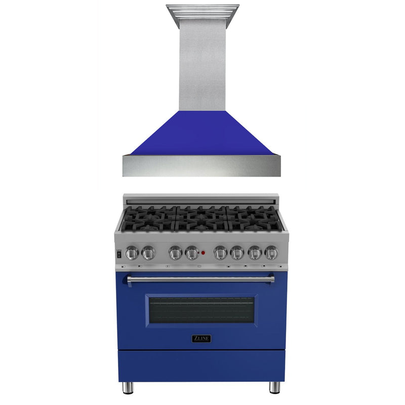 ZLINE 36" Kitchen Package with DuraSnow® Stainless Steel Dual Fuel Range with Blue Matte Door and Convertible Vent Range Hood (2KP-RASBMRH36)