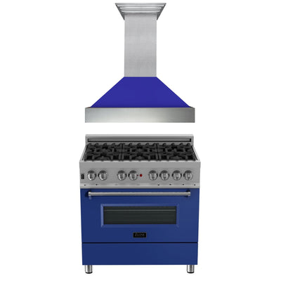 ZLINE 36" Kitchen Package with ZLINE DuraSnow Stainless Steel¨ Dual Fuel Range with Blue Matte Door and Convertible Vent Range Hood (2KP-RASBMRH36)