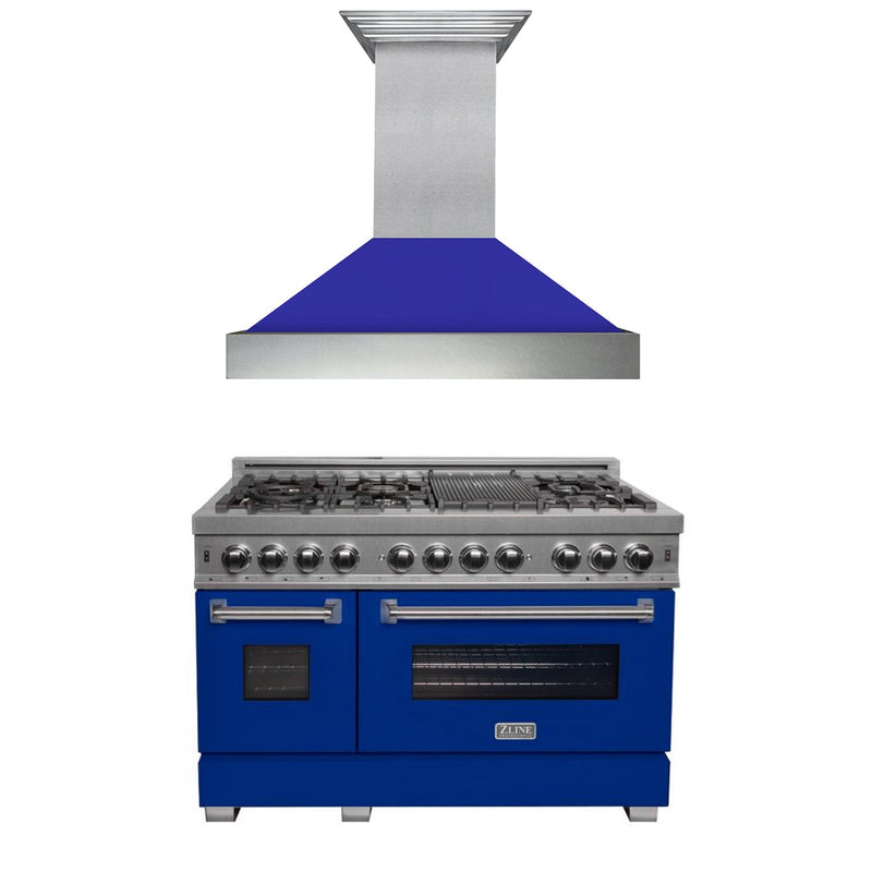 ZLINE 48" Kitchen Package with DuraSnow® Stainless Steel Dual Fuel Range with Blue Matte Door and Convertible Vent Range Hood (2KP-RASBMRH48)