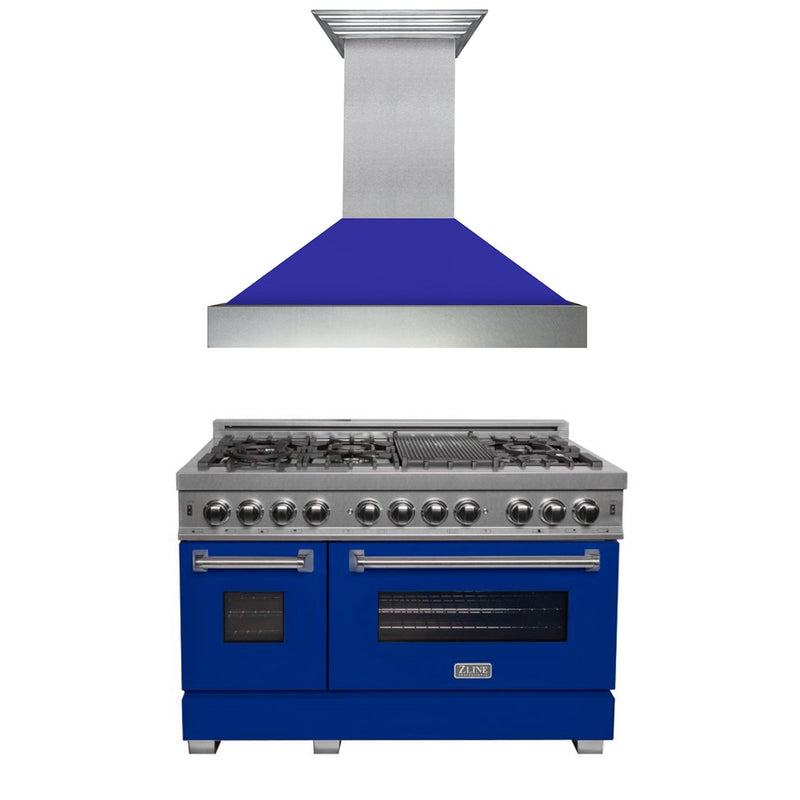 ZLINE 48" Kitchen Package with ZLINE DuraSnow Stainless Steel¨ Dual Fuel Range with Blue Matte Door and Convertible Vent Range Hood (2KP-RASBMRH48)