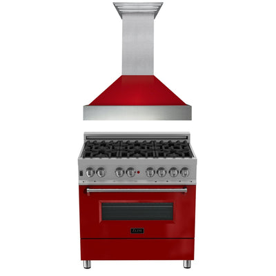 ZLINE 36" Kitchen Package with DuraSnow® Stainless Steel Dual Fuel Range with Red Gloss Door and Convertible Vent Range Hood (2KP-RASRGRH36)