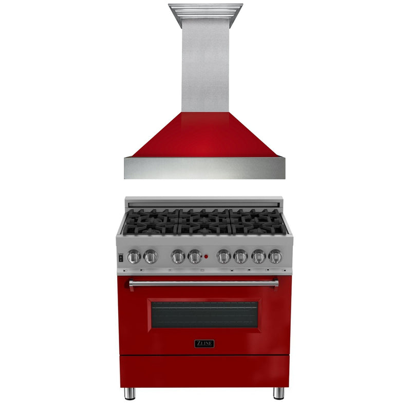 ZLINE 36" Kitchen Package with ZLINE DuraSnow Stainless Steel¨ Dual Fuel Range with Red Gloss Door and Convertible Vent Range Hood (2KP-RASRGRH36)