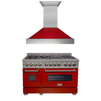 ZLINE 48" Kitchen Package with DuraSnow® Stainless Steel Dual Fuel Range with Red Gloss Door and Convertible Vent Range Hood (2KP-RASRGRH48)