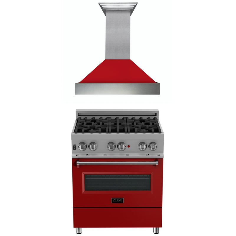 ZLINE 30" Kitchen Package with ZLINE DuraSnow Stainless Steel¨ Dual Fuel Range with Red Matte Door and Convertible Vent Range Hood (2KP-RASRMRH30)