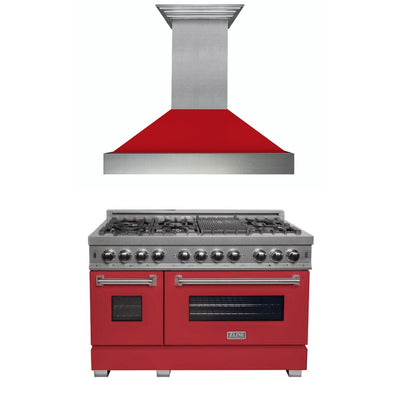 ZLINE 48" Kitchen Package with DuraSnow® Stainless Steel Dual Fuel Range with Red Matte Door and Convertible Vent Range Hood (2KP-RASRMRH48)