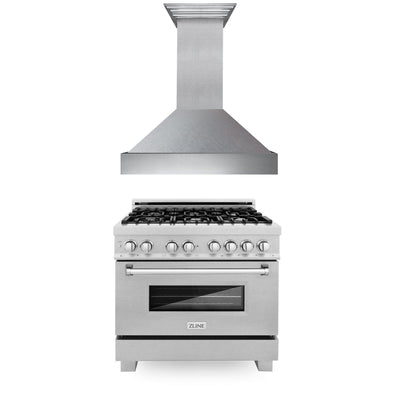 ZLINE 36" Kitchen Package with DuraSnow® Stainless Steel Dual Fuel Range and Convertible Vent Range Hood (2KP-RASSNRH36)