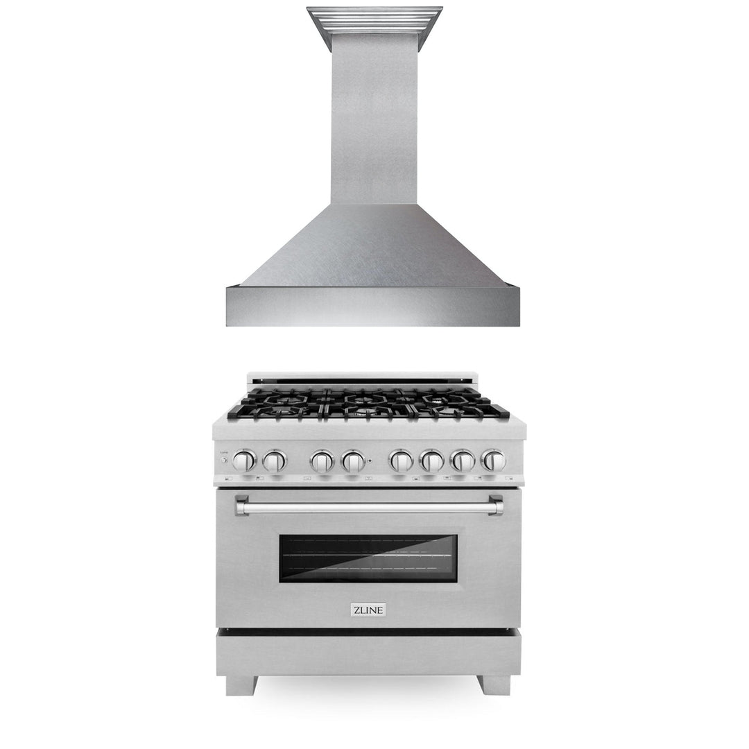 ZLINE 36" Kitchen Package with ZLINE DuraSnow Stainless Steel¨ Dual Fuel Range and Convertible Vent Range Hood (2KP-RASSNRH36)