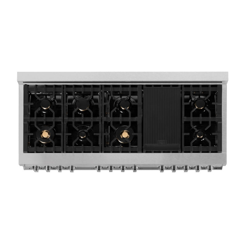 ZLINE Electric Oven and Gas Cooktop Dual Fuel Range with Reversible Griddle and Brass Burners in DuraSnow® Stainless Steel (RAS-SN-BR-GR)