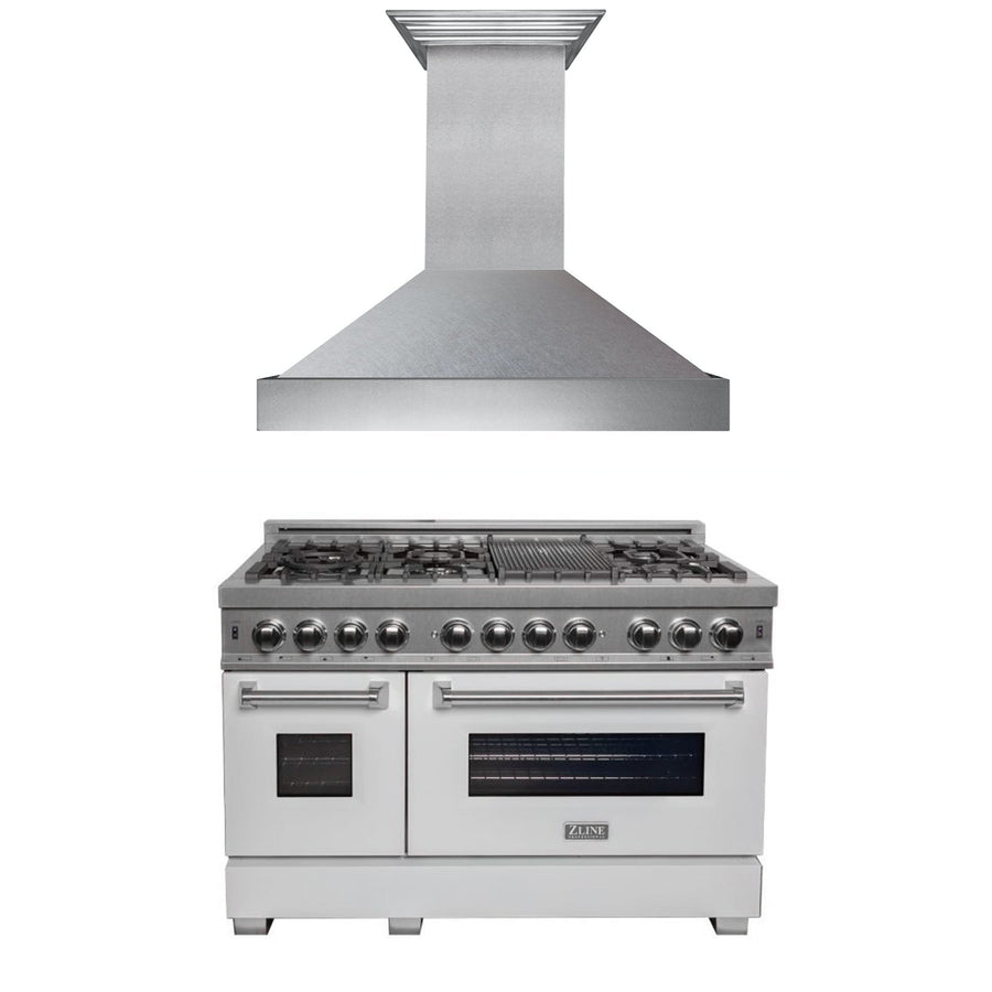 ZLINE 48" Kitchen Package with DuraSnow® Stainless Steel Dual Fuel Range with White Matte Door and Convertible Vent Range Hood (2KP-RASWMRH48)