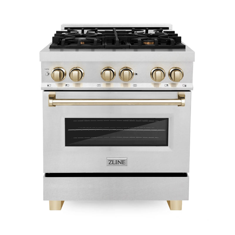 ZLINE Autograph Edition 24", 30", 36", 48", 60" Dual Fuel Range with Gas Stove and Electric Oven in DuraSnow® Stainless Steel with Accents (RASZ-SN)