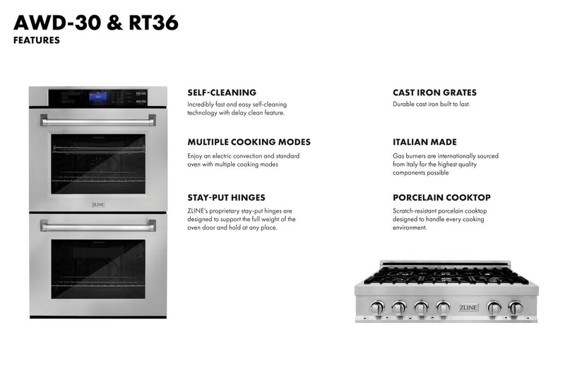 ZLINE Kitchen Package with 36" Stainless Steel Rangetop and 30" Double Wall Oven (2KP-RTAWD36)