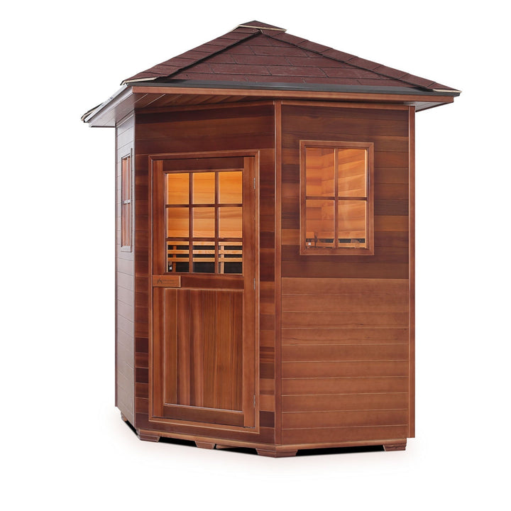 Enlighten Sapphire 4 Person Corner Hybrid Infrared/Traditional Outdoor Sauna H-16379