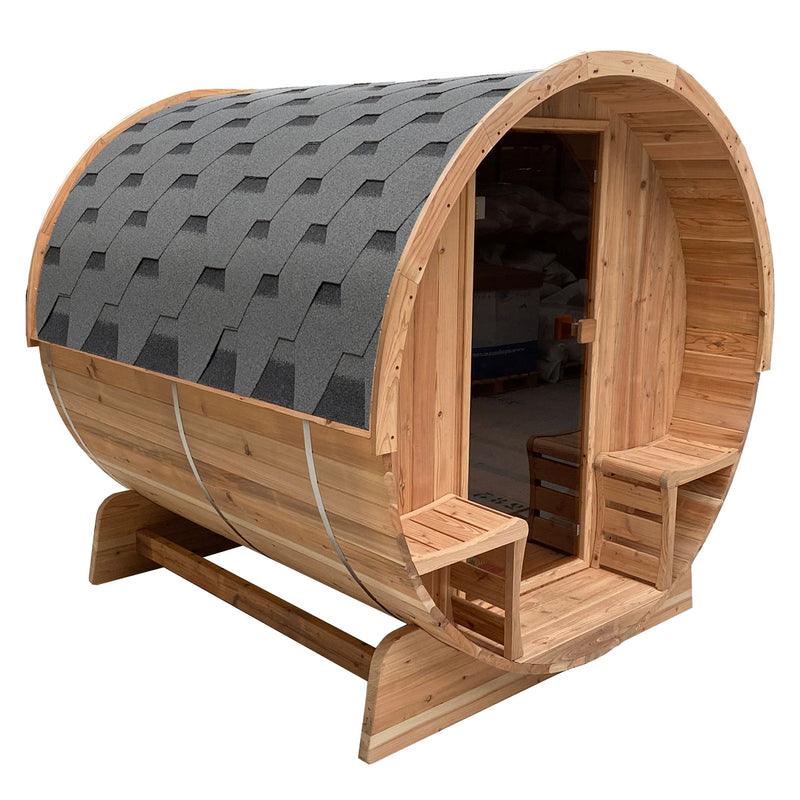 ALEKO Outdoor Rustic Cedar Barrel Steam Sauna - Front Porch Canopy - ETL Certified - 4 Person SB4CED-AP