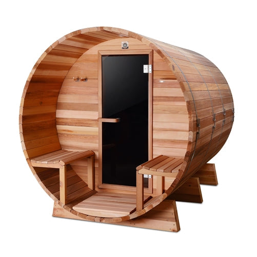 ALEKO Outdoor or Indoor Western Red Cedar Wet Dry Barrel Sauna - Front Porch Canopy - 9 kW ETL Certified Heater - 8 Person SB8CEDARCP-AP