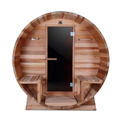 ALEKO Outdoor or Indoor Western Red Cedar Wet Dry Barrel Sauna - Front Porch Canopy - 9 kW ETL Certified Heater - 8 Person SB8CEDARCP-AP