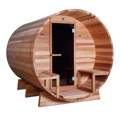 ALEKO Outdoor or Indoor Western Red Cedar Wet Dry Barrel Sauna - Front Porch Canopy - 9 kW ETL Certified Heater - 8 Person SB8CEDARCP-AP