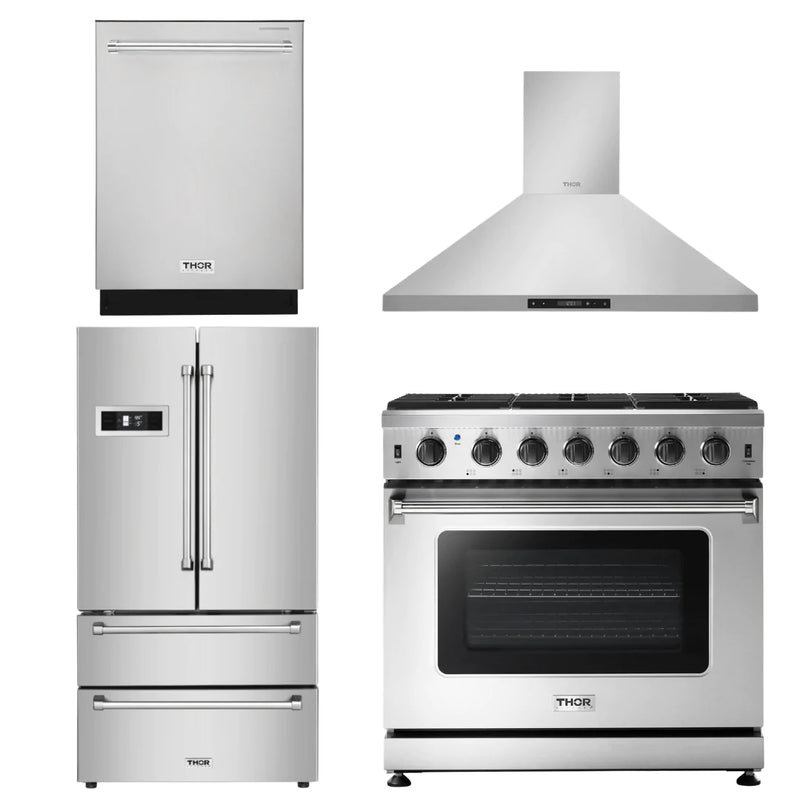 Thor Kitchen Package - 36 in. GAS Range, Range Hood, Refrigerator & Dishwasher, AP-LRG3601U-3