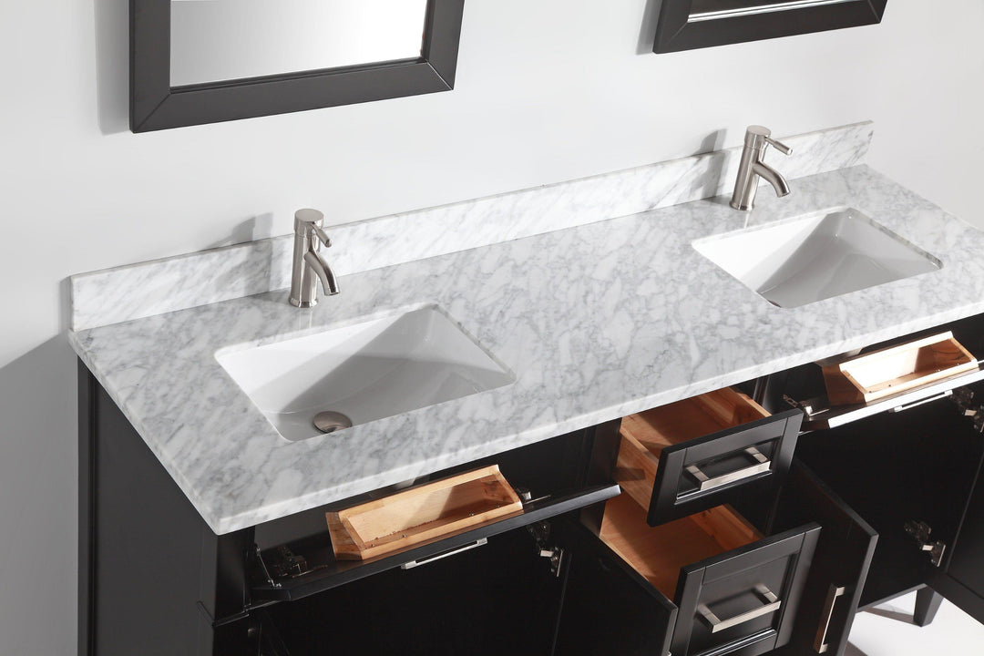 Vanity Art 72 in. Double Sink Vanity in Carrara Marble & Mirror - Espresso, VA2072D-E