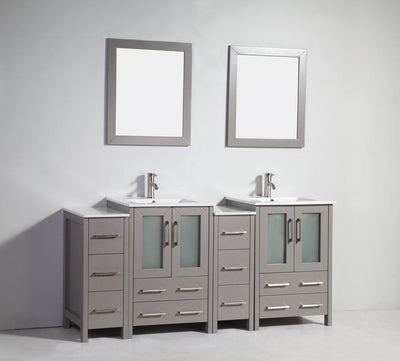 Vanity Art 72 in. Double Sink Vanity Cabinet with Ceramic Sink & Mirror - Grey, VA3024-72G