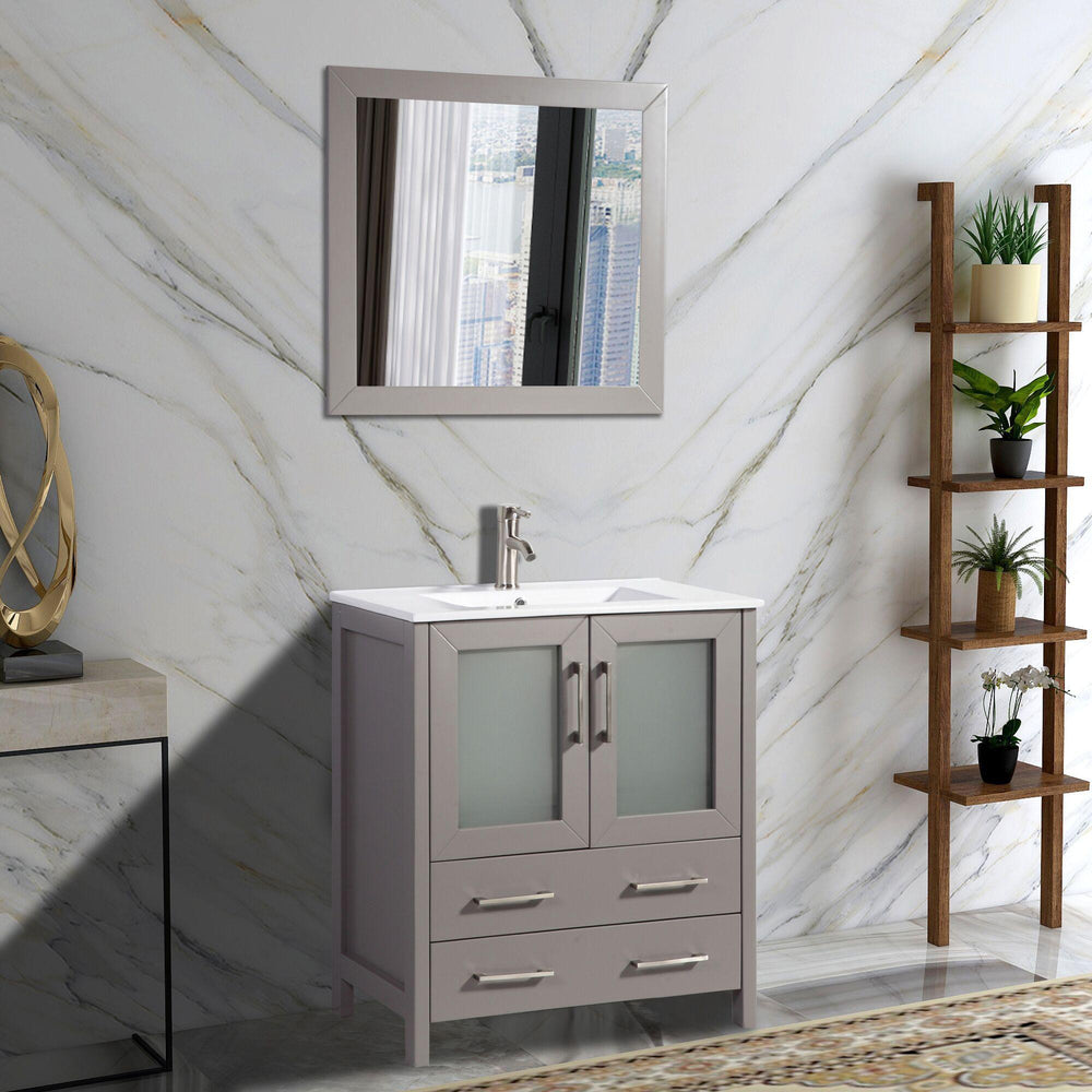 Vanity Art 30 in. Single Sink Vanity Cabinet with Ceramic Sink & Mirror - Grey, VA3030G