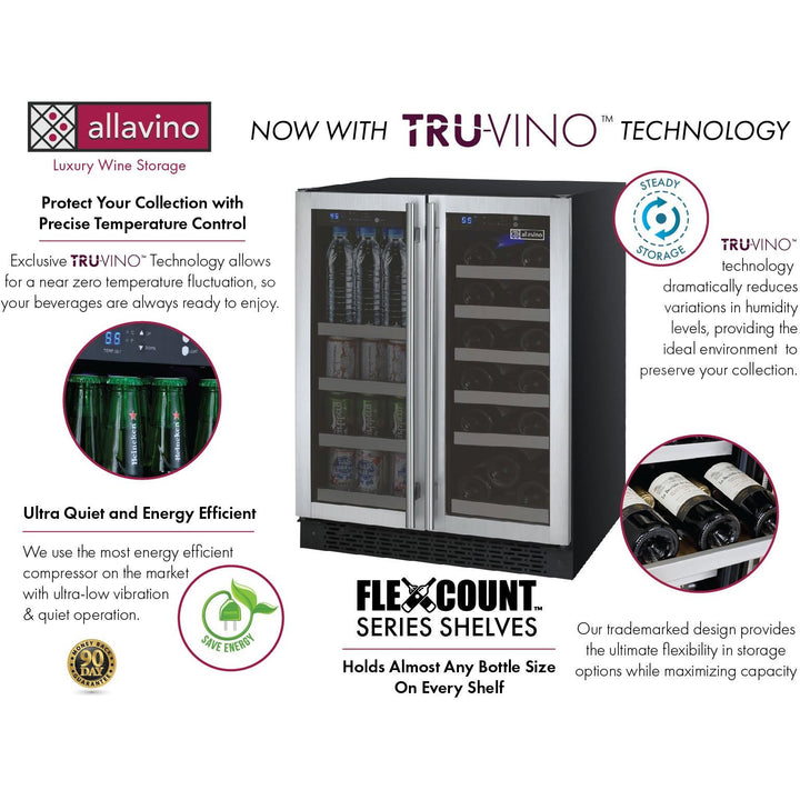 Allavino VSWB-2SF20 24" Wide FlexCount II Tru-Vino 18 Bottle/66 Cans Dual Zone Stainless Steel Wine Refrigerator/Beverage Center