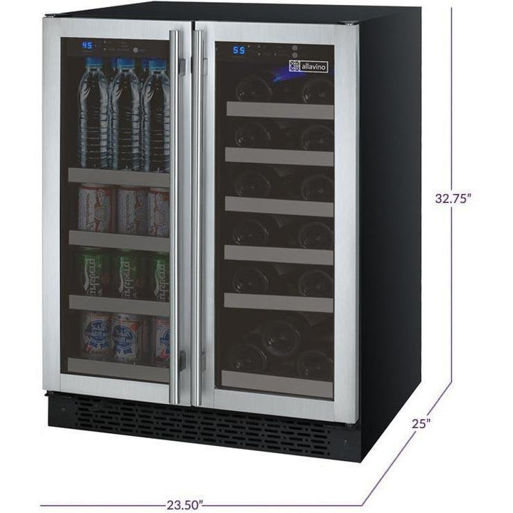 Allavino VSWB-2SF20 24" Wide FlexCount II Tru-Vino 18 Bottle/66 Cans Dual Zone Stainless Steel Wine Refrigerator/Beverage Center