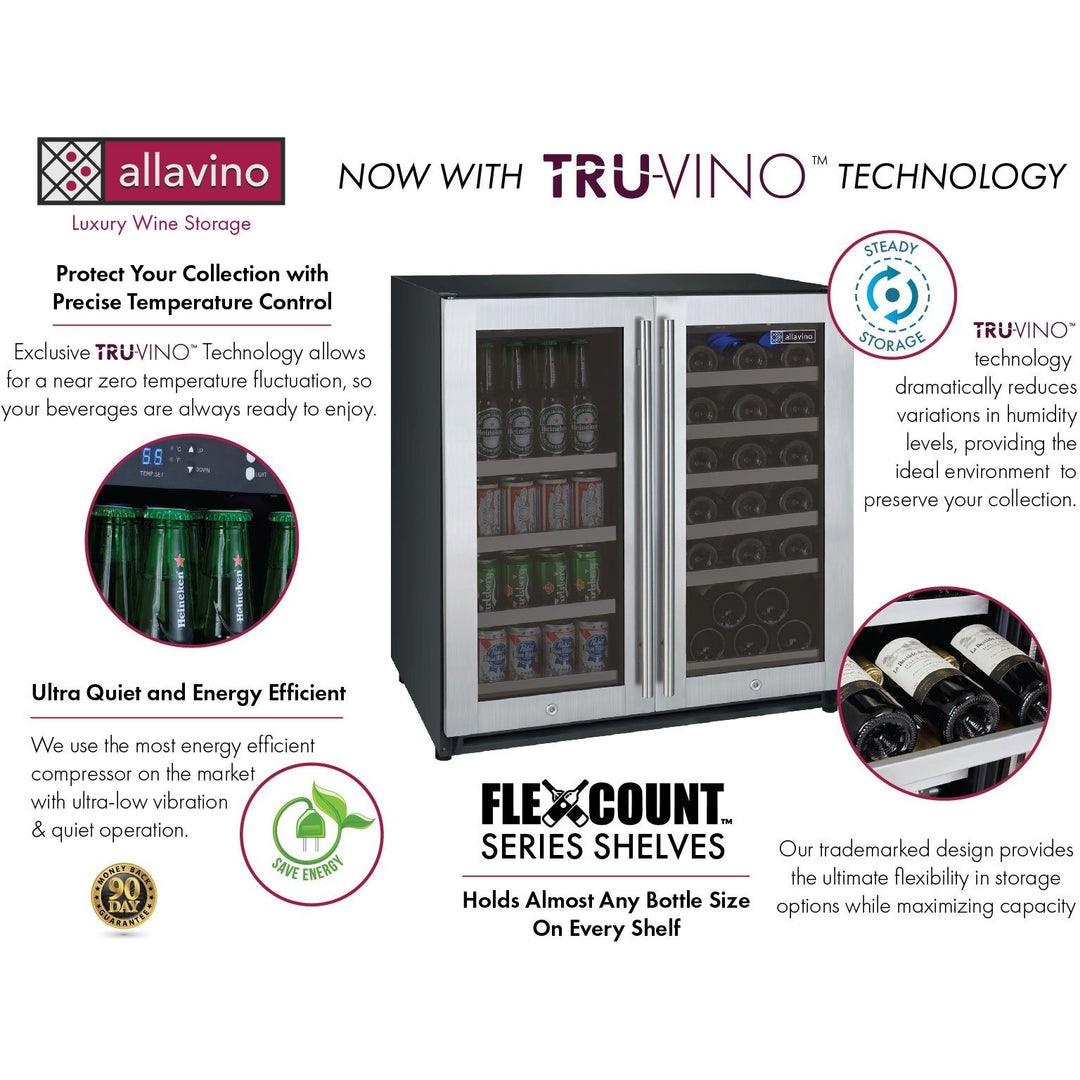 Allavino 30" Wide FlexCount II Tru-Vino 30 Bottle/88 Can Dual Zone Stainless Steel Built-in Wine Refrigerator/Beverage Center (VSWB30-2SF20)