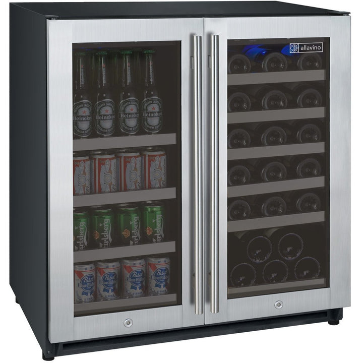 Allavino 30" Wide FlexCount II Tru-Vino 30 Bottle/88 Can Dual Zone Stainless Steel Built-in Wine Refrigerator/Beverage Center (VSWB30-2SF20)