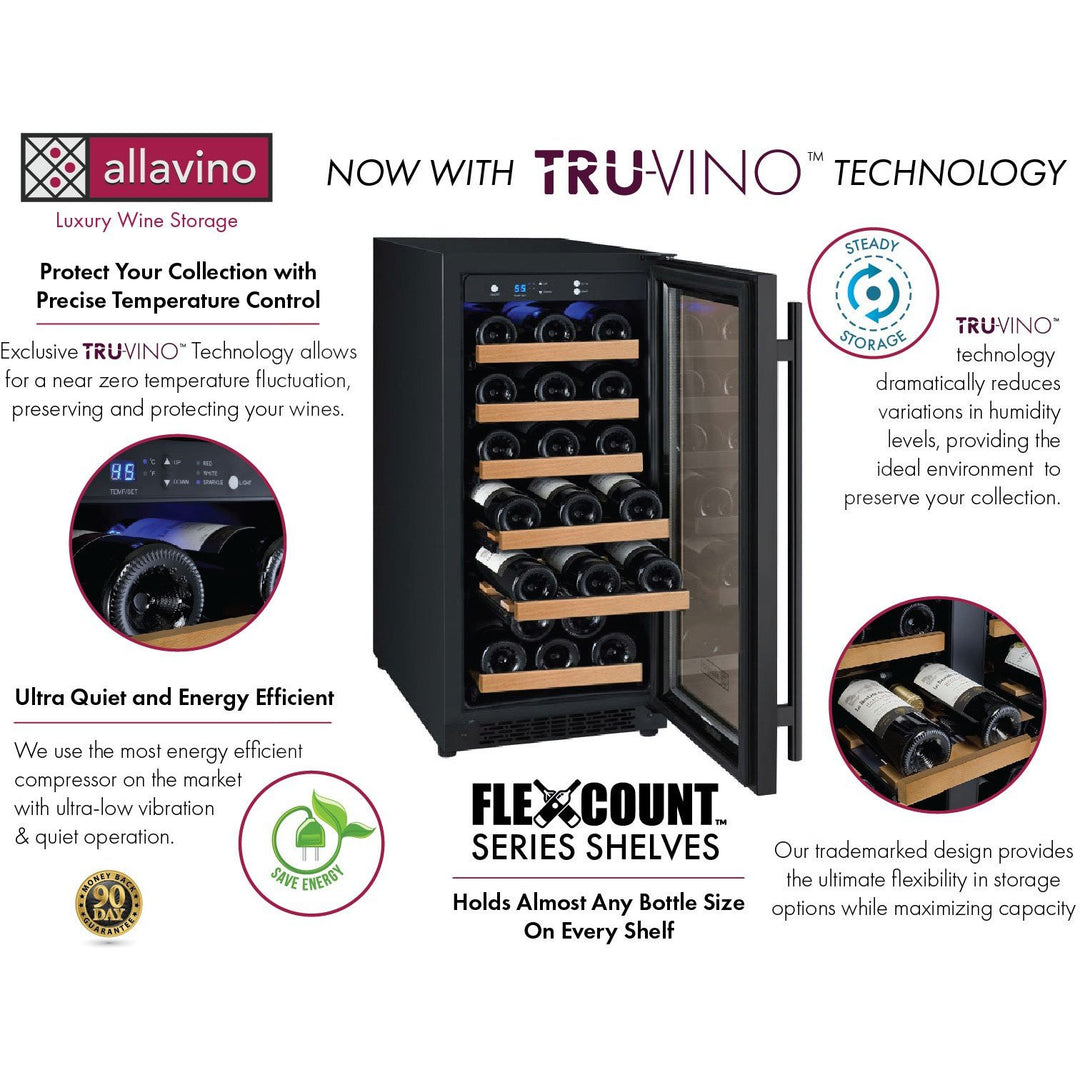 Allavino 15" Wide FlexCount II Tru-Vino 30 Bottle Single Zone Black Wine Refrigerator (VSWR30-1BR20)