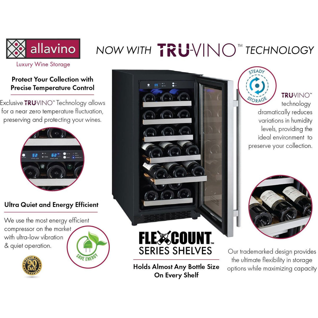 Allavino VSWR30-1SR20 15" Wide FlexCount II Tru-Vino 30 Bottle Single Zone Stainless Steel Right Hinge Wine Refrigerator