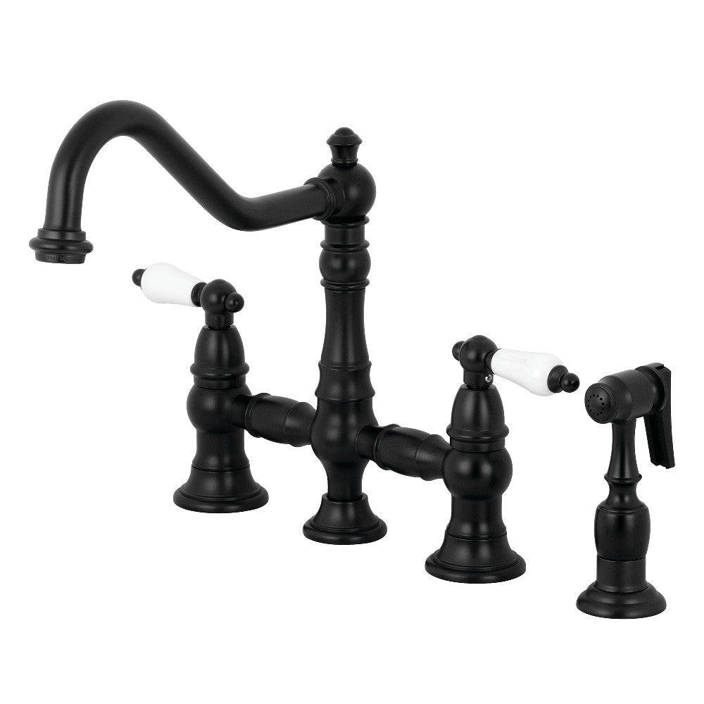 Kingston Brass KS3270PLBS Restoration 8" Bridge Kitchen Faucet with Sprayer, Matte Black