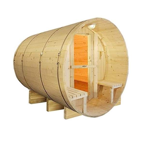 ALEKO Outdoor or Indoor White Finland Pine Wet Dry Barrel Sauna - Front Porch Canopy - 9 kW ETL Certified Heater - 8 Person SB8PINECP-AP