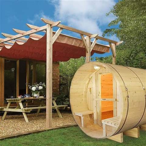 ALEKO Outdoor or Indoor White Finland Pine Wet Dry Barrel Sauna - Front Porch Canopy - 9 kW ETL Certified Heater - 8 Person SB8PINECP-AP