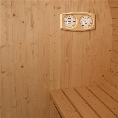ALEKO Outdoor or Indoor White Finland Pine Wet Dry Barrel Sauna - 5 Person - Front Porch Canopy - 4.5 kW ETL Certified SB5PINECP-AP