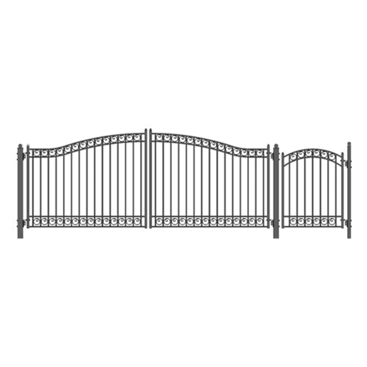 Aleko Steel Dual Swing Driveway Gate Dublin Style 16 ft With Pedestrian Gate 4 ft SET16X4DUBD-AP