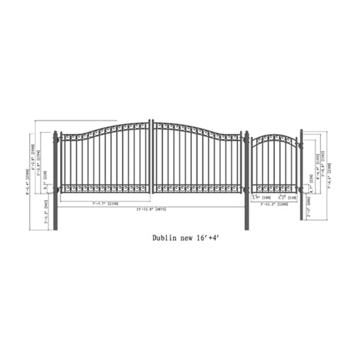 Aleko Steel Dual Swing Driveway Gate Dublin Style 16 ft With Pedestrian Gate 4 ft SET16X4DUBD-AP