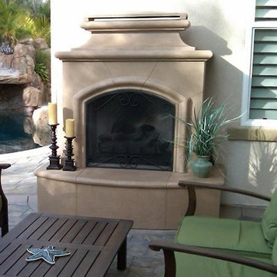 American Fyre Designs 073-01-N-CB-LBC 67 Inch Vented Free-Standing Outdoor Mariposa Fireplace, 16 Inch Radiused Bullnose, No Recess, Cafe Blanco, Key Value on the LEFT/Gas