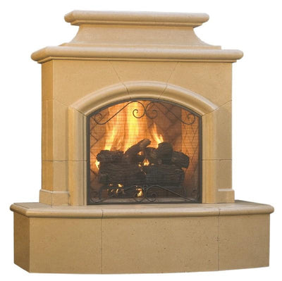 American Fyre Designs 073-01-N-CB-LUC 67 Inch Vented Free-Standing Outdoor Mariposa Fireplace, 16 Inch Radiused Bullnose, No Recess, Cafe Blanco, Key Value on the LEFT/Gas
